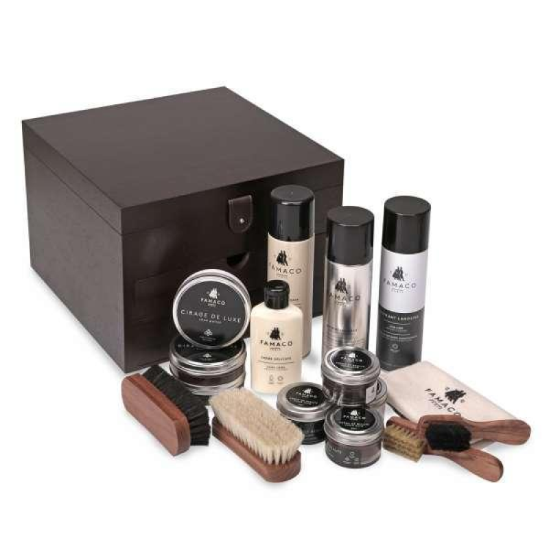 Розкішний подарунковий набір для догляду за взуттям в темно-коричневому футлярі Famaco Grand Cube